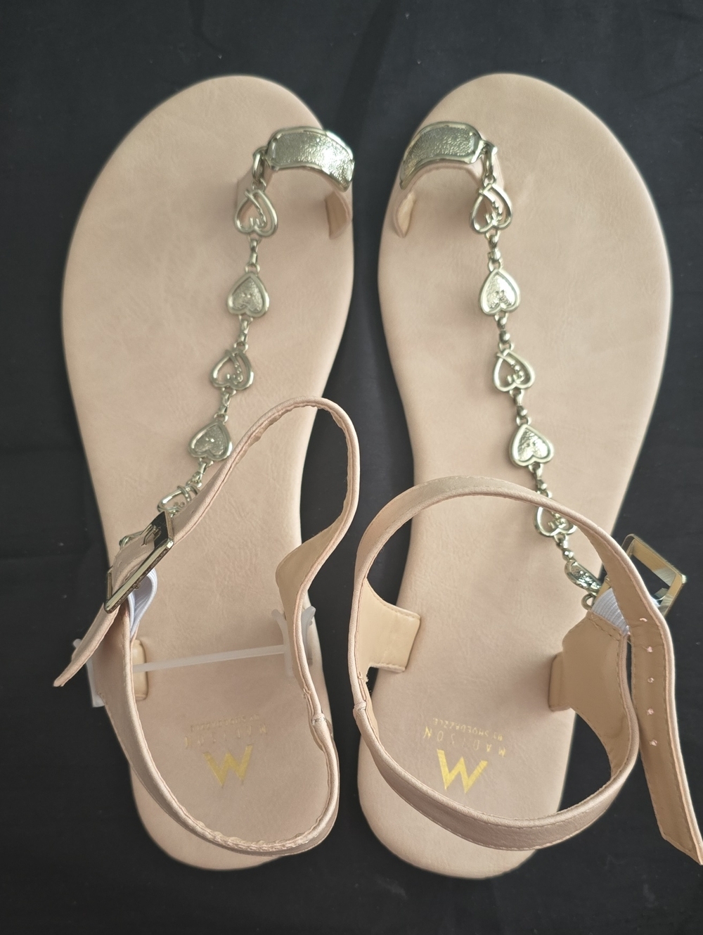 Women’s Neutral T-Strap Sandals with Gold Heart Accents